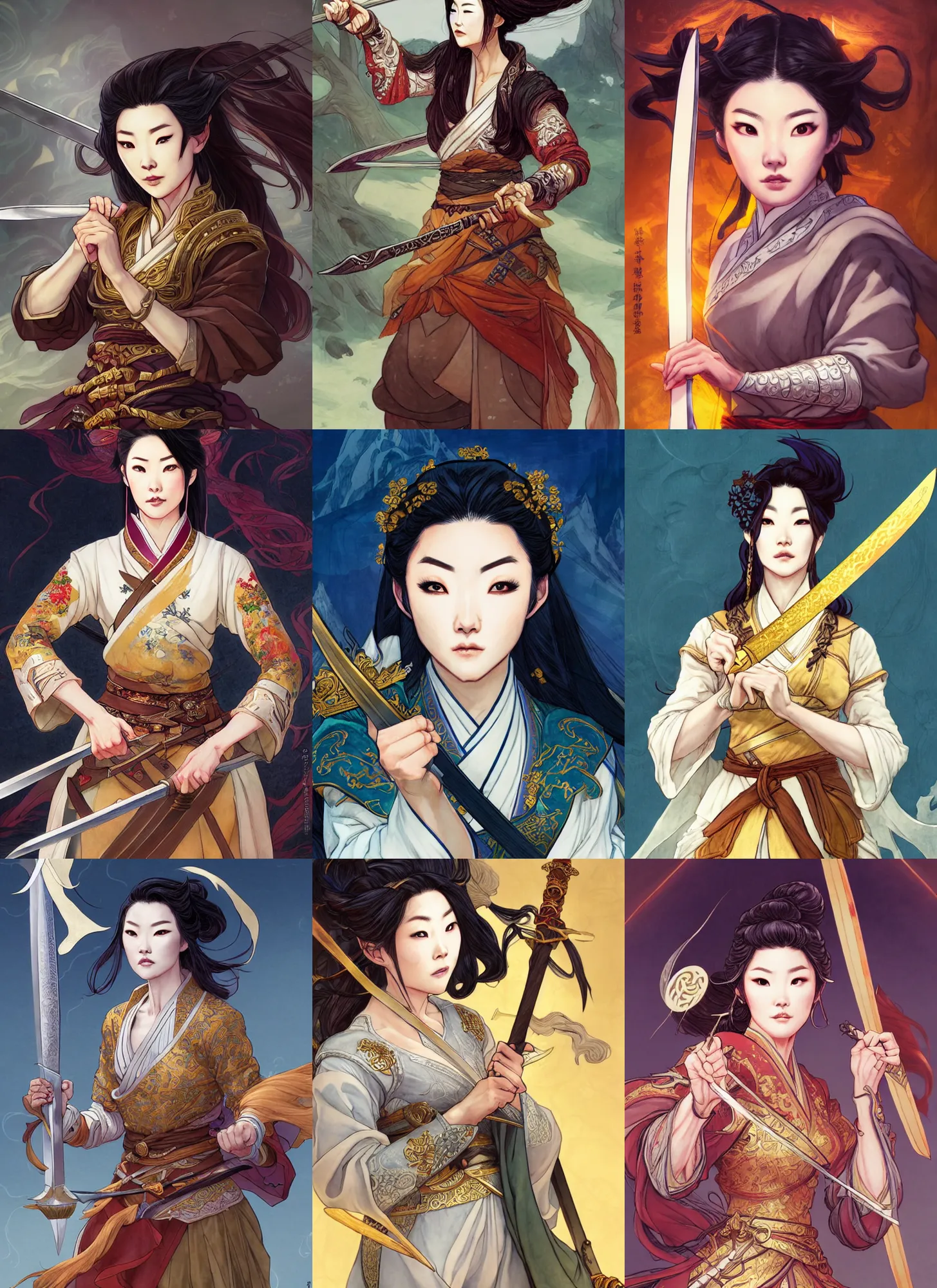 Prompt: a portrait of beautiful arden cho chef character with a radiant sword in her right hand in a fighting stance by rebecca guay and ross tran and jason chan, sharp focus, detailed, cinematic, hanbok apron, 4 k, symmetrical face