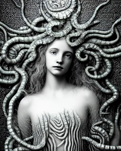 Image similar to surreal mythical dreamy underwater artistic bw photo of a beautiful young female angelic - medusa - cyborg covered with fish scales and algae, highly detailed, intricate crystal ivy jelly fish scales ornate, poetic, octane render, 8 k, photo - realistic, in the style of gustave dore and preraphaelites