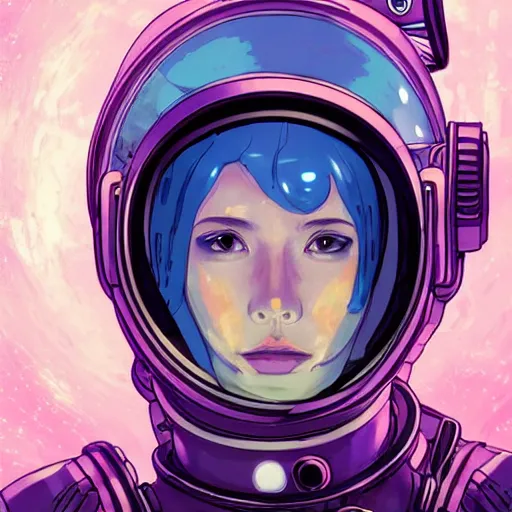 Prompt: realistic detailed cyberpunk close up portrait of a lovely attractive space waitress space helmet by Anna and Elena Balbusso, Akira, Ghost in the Shell, studio Ghibli, anime Art Nouveau, rich deep vibrant colors, futuristic, sci-fi