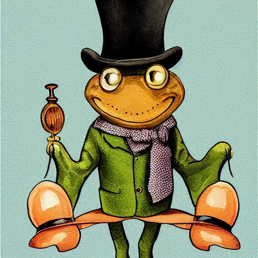 Prompt: cute painting of a frog dressed as a detective. The frog has a magnifying glass in one hand and a hat similar to Sherlock Holmes highly stylized, matte coloring, childish look, on a page of an illustrated book for children, drawn with Photoshop
