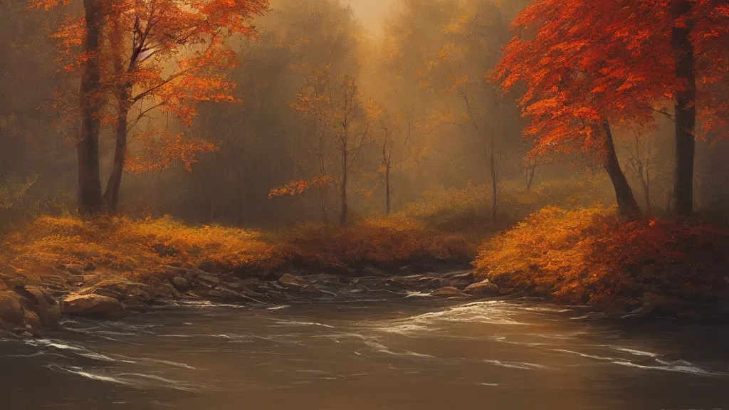 Prompt: A beautiful oil painting of a single tree, the tree is in the rule of thirds, the fall has arrived and the leafs started to become golden and red, the river is flowing its way, the river has lots of dark grey rocks, oil painting by Greg Rutkowski