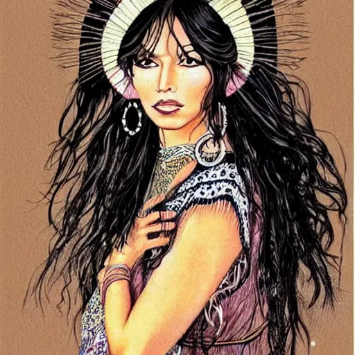 Prompt: beautiful illustration of a mexican woman of 4 0 years old, with curly black and silver hair, the woman has beautiful black eyes, her skin is light brown, she is dressed in shaman clothes, in the style of noriyoshi ohrai