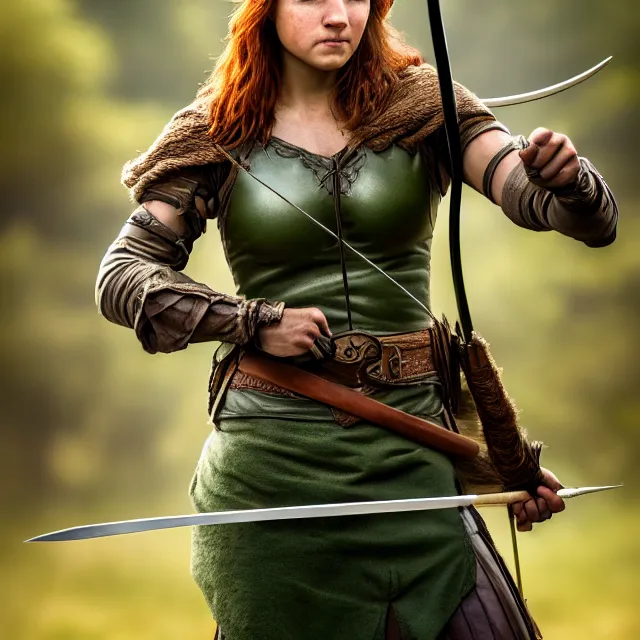 Image similar to female robin hood warrior, highly detailed, 8 k, hdr, smooth, sharp focus, high resolution, award - winning photo