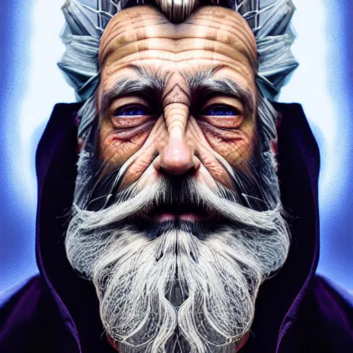 Image similar to hyperrealistic mixed media painting of stunning old man with glorious beard, stunning 3d render inspired art by P. Craig Russell and Barry Windsor-Smith, perfect facial symmetry, dim volumetric lighting, full full full full face face face face face 8k octane beautifully detailed render, headpiece headpiece headpiece, post-processing, portrait, extremely hyper-detailed, intricate, epic composition, brown brown brown eyes eyes eyes eyes, realistic realistic realistic eyes, cinematic lighting, masterpiece, trending on artstation, detailed detailed detailed, masterpiece, stunning