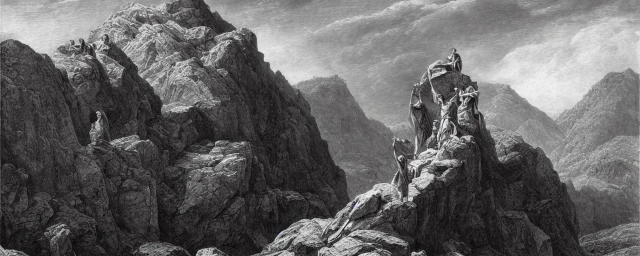 Image similar to medium shot of moses on top of a mountain holding up in the air two stone tablets, people below the mountain looking at him, photorealistic, highly detailed, texture, soft light, dramatic, moody, ambient, painting by gustave dore