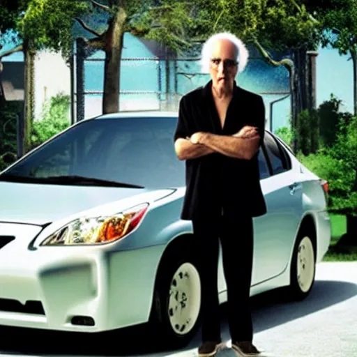 Image similar to larry david standing on a 2 0 0 9 toyota prius vaporwave 9 0 s