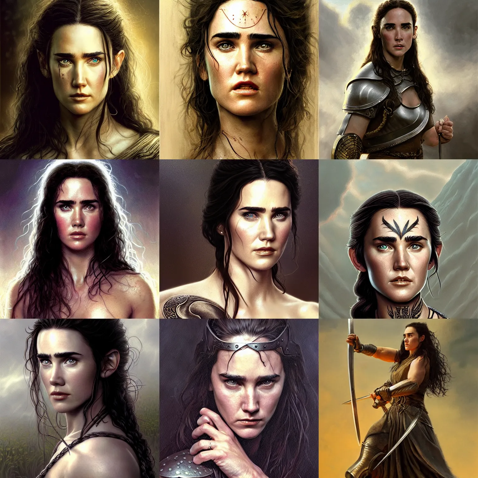 Prompt: a young jennifer connelly, legendary warrior, fighter, lord of the rings, tattoos, decorative ornaments, full armor, perfect face, detailed, expressive, digital painting, by brom, wlop, and greg rutkowski