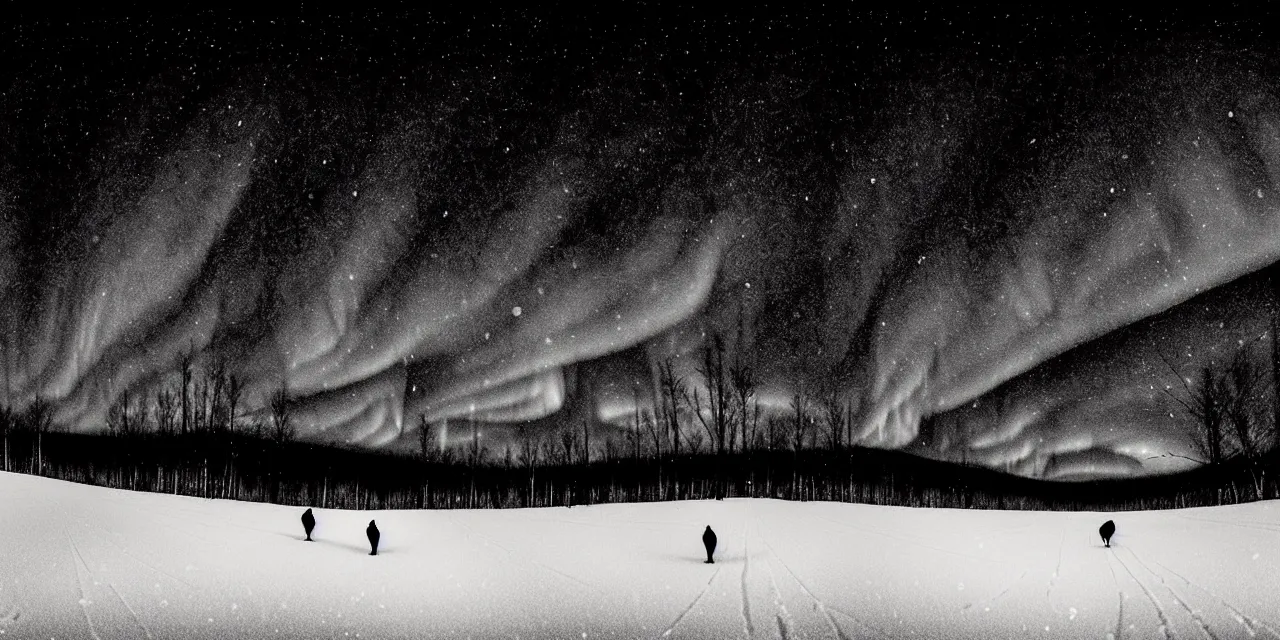 Image similar to laurentian appalachian mountains in winter, unique, original and creative black ink landscape, surrealist artwork, wide angle panorama, snowy night, distant town lights, aurora borealis, deers and ravens, lonely human walking, footsteps in the snow, fascinating textures, outstanding composition