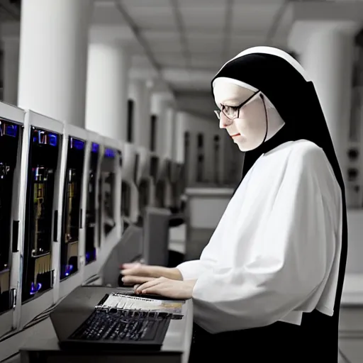 Prompt: award - winning photograph of a nun hunched over a computer while she hacks into the mainframe. the nun's face is beautiful and detailed