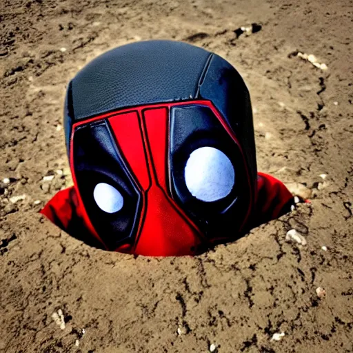 Image similar to deadpool sticking his head out of empty drained lake mead