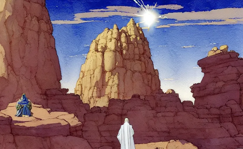 Image similar to a hyperrealist watercolour concept art of a large rock formation with a dimensional portal in the sky. a medieval monk in grey robes is kneeling in prayer below it on a desert road. by rebecca guay, michael kaluta, charles vess and jean moebius giraud. high detail, hq, wide shot