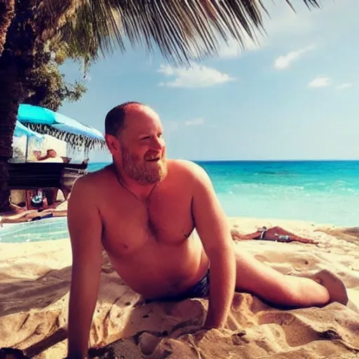 Image similar to photo of a 4 0 year old white man living the best life possible. he looks young for his age. women in bikinis are next to him, it's as if he were in a music video and didn't know it.