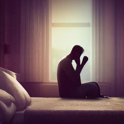 Prompt: lonely man crying by the side of his bed, dslr, 8 k, octane beautifully detailed render, sad mood, cinematic lighting, detailed photo, masterpiece, volumetric lighting, ultra realistic, highly detailed, high quality, lossless, photorealistic