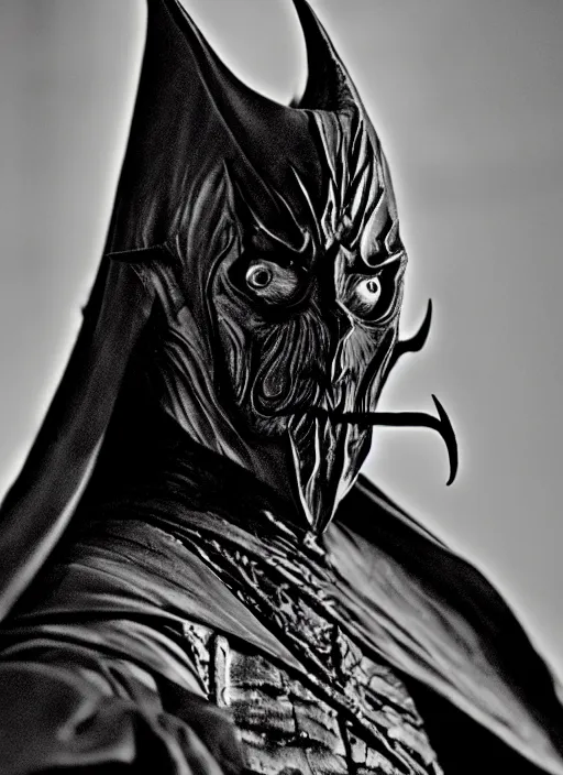 Image similar to the dark lord sauron, in the style of akira kurosawa, cinema, sharp focus, black and white, film grain, photographic