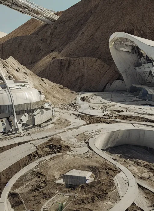 Image similar to bioremediation white mining tailing futuristic horizontal architecture in chuquicamata, epic, cinematic, hyperealistic, high detailed, corona render, hdr, ray tracing