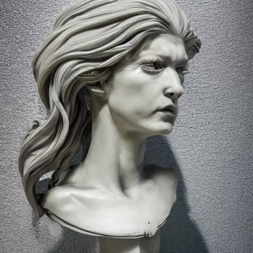 Image similar to photo taken of an epic intricate, ultra detailed, super realistic gritty, terrifying, lifelike bust sculpture of a enchanting siren creature design created by weta workshop, zoomed in shots, photorealistic, sharp focus, white wall coloured workshop, cold colour temperture, f 0. 4, face centred