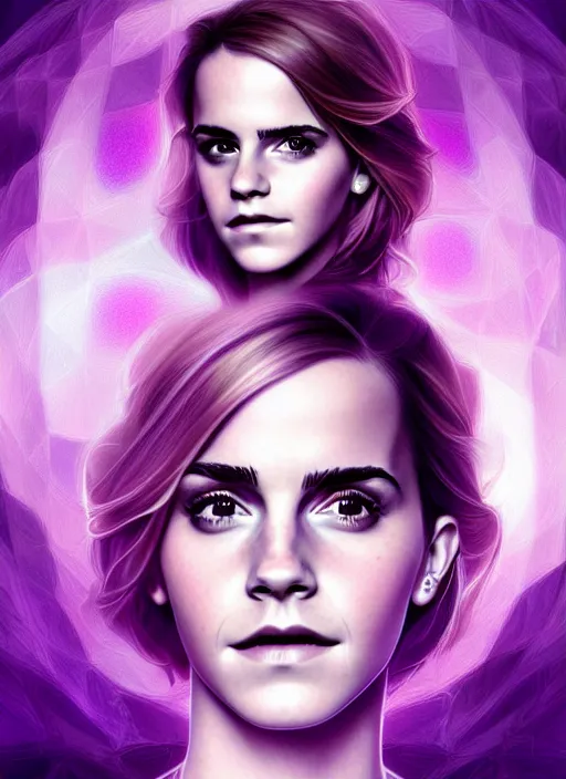 Prompt: portrait of emma watson, fractal glowing diagram bckground, intricate purple dress, digital art by artgerm and karol bak, cinematic lighting, trending on artstation