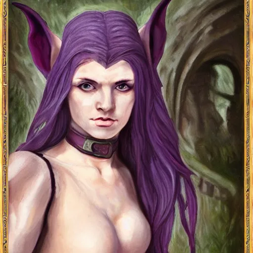 Image similar to oil painting a female medieval fantasy tolkien elf, dark purplish hair tucked behind ears, wearing a fur lined collar, wide face, muscular build, scar across the nose, cinematic, character art, detailed.