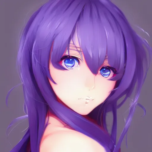 Image similar to anime portrait of Byoru as an anime girl, Bikini, Violet Hair, blue eyes, by Stanley Artgerm Lau, WLOP, Rossdraws, James Jean, Andrei Riabovitchev, Marc Simonetti, and Sakimichan, trending on artstation