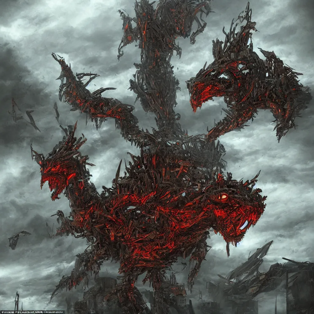 Image similar to high quality art of a giant mechanized dragon in an apocalyptic future, made of plates and armor throughout the body, having 4 limbs and 4 talons on each foot, and glowing fiery red eyes, climbing over a destroyed building in a hazy radioactive atmosphere, roaring with an epic pose into the air as the building crumbles under the weight, showing lots of sharp teeth. furaffinity, deviantart, artstation, high quality