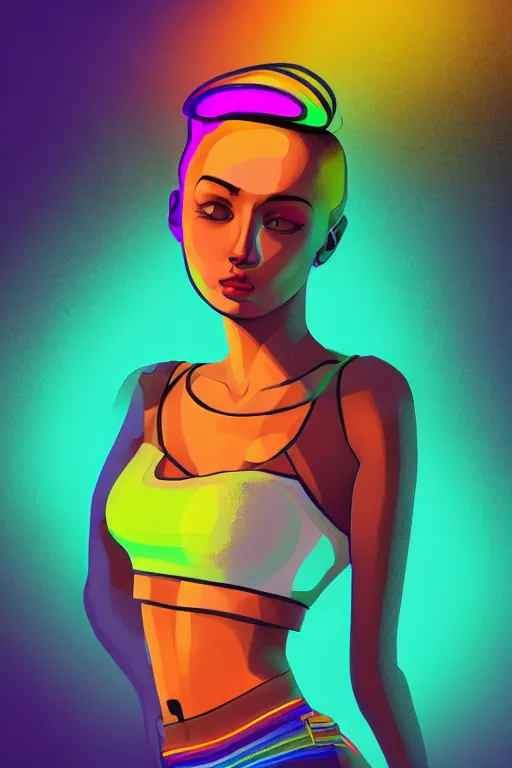 Image similar to a award winning half body portrait of a beautiful woman with stunning eyes in a croptop and cargo pants with rainbow colored ombre hairstyle head in motion and hair flying by thomas danthony, outlined by whirling illuminated neon lines, outrun, vaporware, shaded flat illustration, digital art, trending on artstation, highly detailed, fine detail, intricate