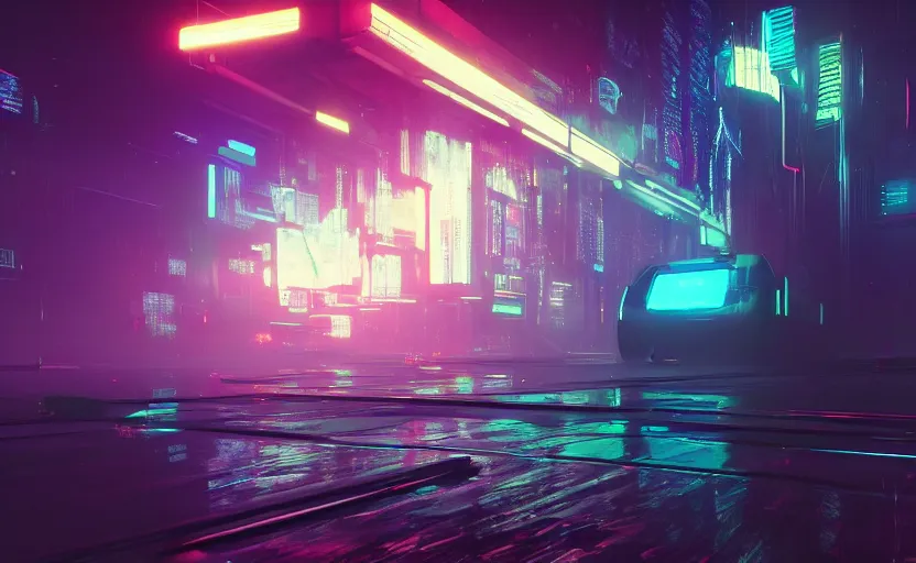 Prompt: A scene from bladerunner movie, time capsule materialized from void portal, particle effect, neon scene, rendered by Beeple, synthwave style, environment concept, digital art, unreal engine, WLOP, trending on artstation, 4K UHD image,