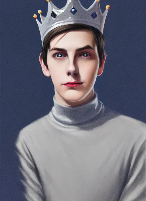 Image similar to portrait of teenage jughead jones wearing a light grey crown, crown, blue turtleneck, 1 9 5 0 s, closed eyes, photorealistic, black hair, glowing lighting, intricate, elegant, glowing lights, highly detailed, digital painting, artstation, concept art, smooth, sharp focus, illustration, art by wlop, mars ravelo and greg rutkowski