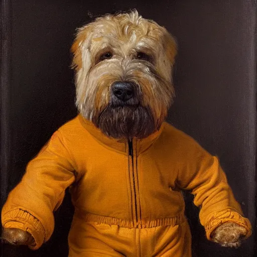 Prompt: portrait of a wheaten terrier wearing a track suit painted as a Rembrandt oil painting