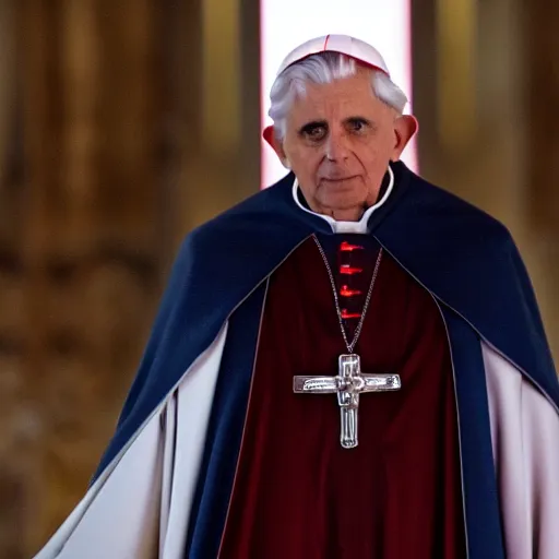 Image similar to pope benedict wearing sith cloak as chancelor palpatine in star wars episode 3, 8 k resolution, cinematic lighting, anatomically correct