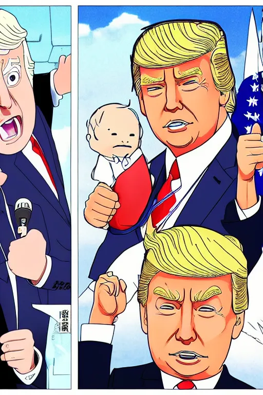 Image similar to joe biden and donald trump and vladimir putin and xi jinping manga, color, best scene, studio ghibli, chibi style, by katsuhiro otomo and hiroya oku and makoto yukimura