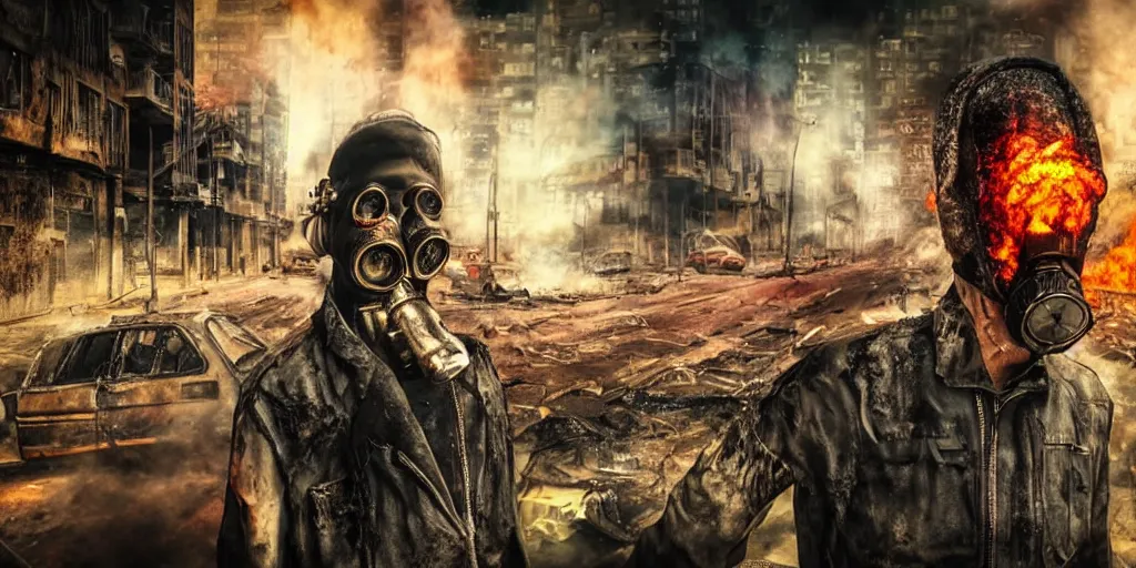 Prompt: post - apocalyptic city streets, close - up shot of an anarchist with a gasmask, burned cars, explosions, colorful smoke, hyperrealistic, gritty, damaged, dark, urban photography, photorealistic, high details