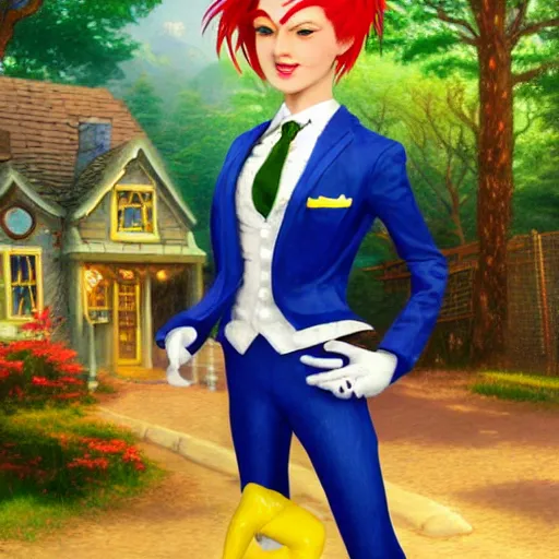 Prompt: Character illustration of a beautiful androgynous actress with messy spiked red hair, dark skin, and tufted elf ears and dressed in a blue men's suit with a yellow tie, with a cottage by Thomas Kinkade in the background, artstation