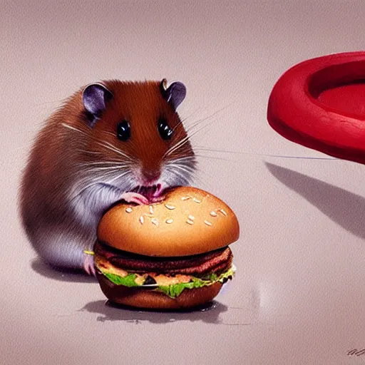 Image similar to a hamster eating a hamburger,digital art,ultra realistic,ultra detailed,art by greg rutkowski,detailed face,4k