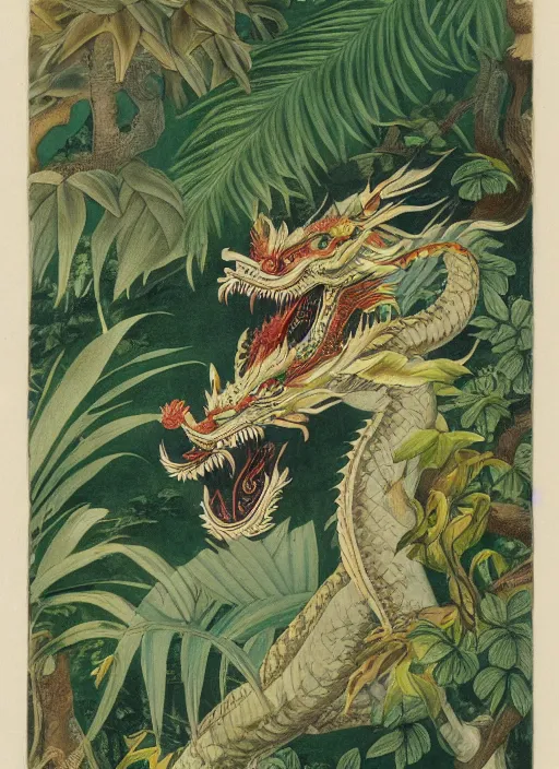 Image similar to vintage chinese dragon in a tropical forest, john james audubon, intaglio 8 k resolution