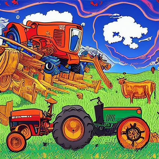 Prompt: A jigsaw with a cute illustration of a cow driving a tractor by Dan Mumford