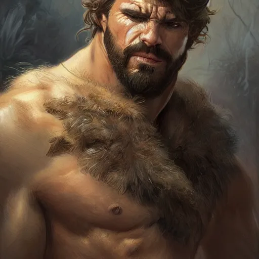 Image similar to portrait of a gruff ranger, muscular, upper body, hairy body, D&D, fantasy, intricate, elegant, highly detailed, digital painting, artstation, concept art, matte, sharp focus, illustration, art by Artgerm and Greg Rutkowski and Alphonse Mucha