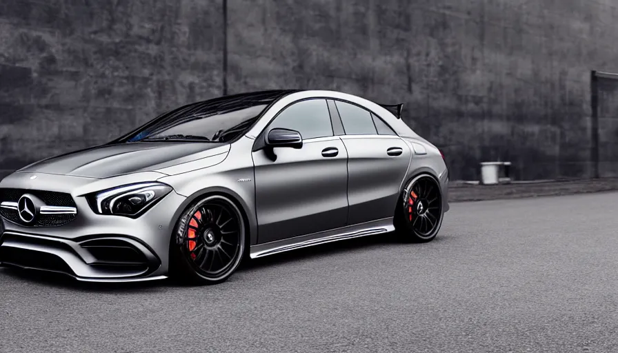 Prompt: a car and driver magazine photo shot, a dark silver 2020 Mercedes cla 45 AMG heavily modified and customized as a performance tune street racing, black rims, samurai vinyl wrap, cinematic lighting, art station, volumetric light, low angle camera, redshift render, octane render, art station