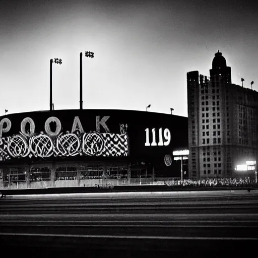 Image similar to art deco sports stadium, chicago, city, dark city, film noir, olympics event 1930's, moody lighting, cinematic, movie frame, Road to Perdition