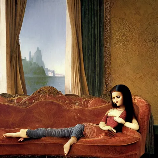 Image similar to Monalisa is sitting on her living room couch. She is dressed casually and is watching TV, Regal, Realistic, Refined, Detailed Digital Art, Josephine wall, Oil Painting, William-Adolphe Bouguereau, Art Frahm, Esao Andrews, Steampunk, Walt Disney (1937), Highly Detailed, Cinematic Lighting, Unreal Engine, 8k, HD