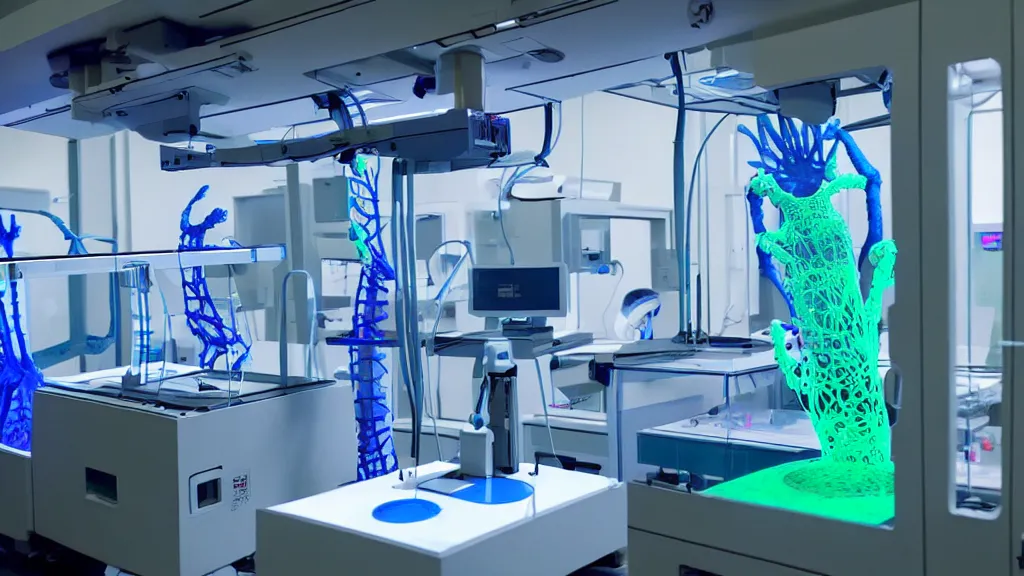 Prompt: a complex bifurcated surgical arm hybrid mri 3 d printer machine making colorful mutant forms with control panels in the laboratory inspection room, film still from the movie directed by denis villeneuve with art direction by salvador dali, wide lens