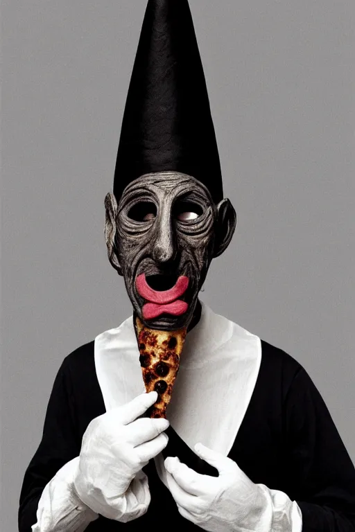 Image similar to portrait photo of an old wrinkled man, skinny face, bony face, long crooked nose, large gaping mouth, black pulcinella mask, masquerade mask, pointy conical hat, white wrinkled shirt, holding up a pizza, presenting a large pizza, close - up, skin blemishes, menacing, intimidating, masterpiece by peter lindbergh