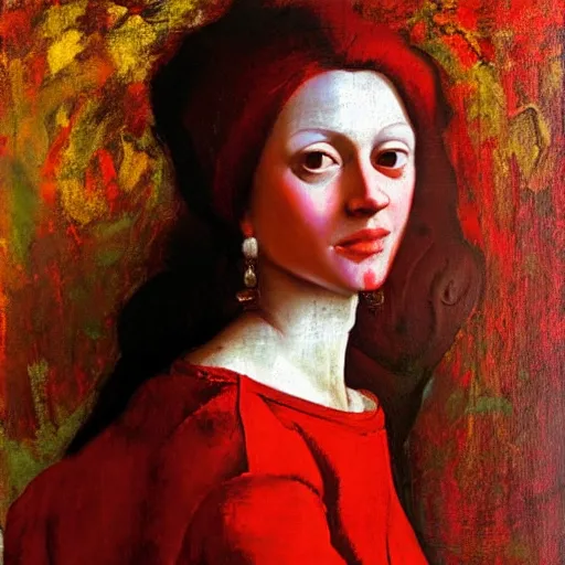 Prompt: a woman in red, dmitry spiros, leonardo da vinci, jacques - louis david, johannes vermeer, 8 k, wide angle,