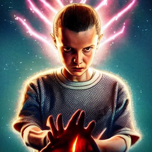 Prompt: Concept art, Eleven from 'Stranger Things' Season 3 (2019) conjuring a magical fireball in her hand