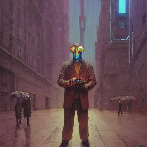 Image similar to portrait of masked cyberpunk scientist on the art deco streets of the Empire city, award-winning realistic sci-fi concept art by Beksinski, Bruegel, Greg Rutkowski, Alphonse Mucha, and Yoshitaka Amano