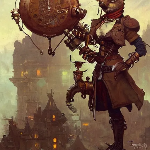 Prompt: anthropomorphic rat steampunk warrior. Renowned character illustration by greg rutkowski, thomas kindkade, alphonse mucha, loish, norman rockwell. Trending on furaffinity.