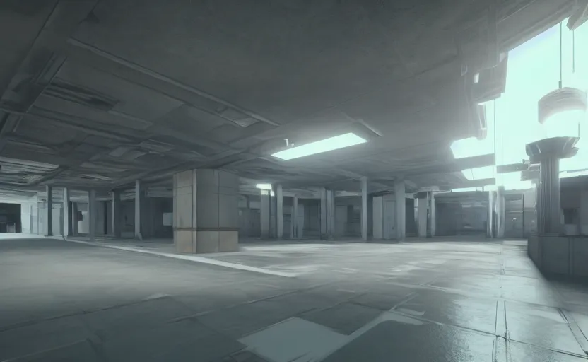 Prompt: screenshot of game on unreal engine 5, a large empty lab with a security checkpoint, photorealistic, retrofuturism, brutalism, minimalist, soft vintage glow