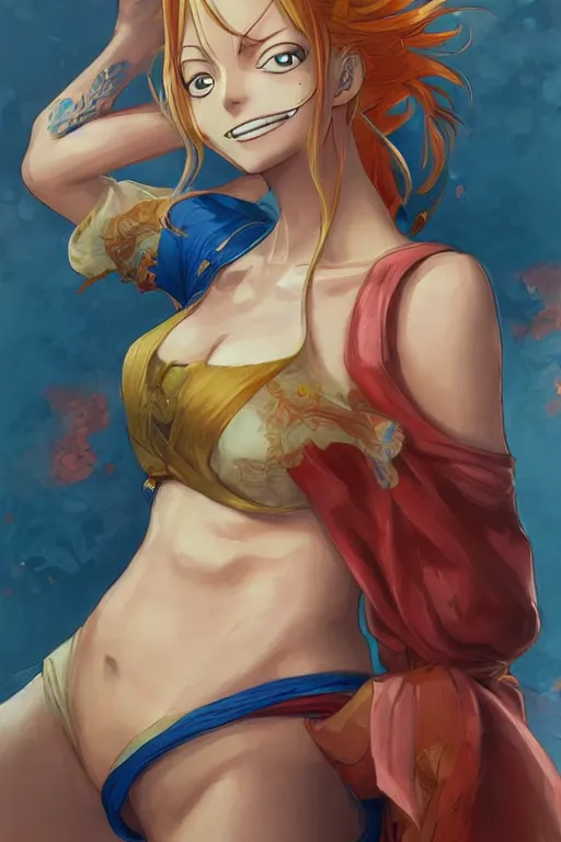 Image similar to portrait of Nami from One Piece, highly detailed, digital painting, artstation, concept art, sharp focus, illustration, art by artgerm and greg rutkowski and alphonse mucha, in the style of One Piece