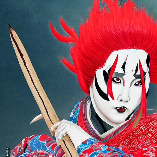 Image similar to an insane kabuki wielding a spear while striking a pose, magical aura of insanity driving beasts insane, intricate hakama, red wig, detailed face with crossed eyes, high energy, trending on artstation, detailed concept art,