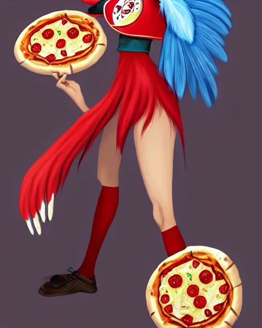 Image similar to female harpy as a pizza delivery woman, bird human hybrid with feathery bird arms and talon bird feet, holding a cardboard pizza box, wearing a pizza delivery uniform. feathers for hair, cute, dynamic character design, stunning, highly detailed digital painting, artstation, stylized urban fantasy artwork, by artgerm and paul robertson