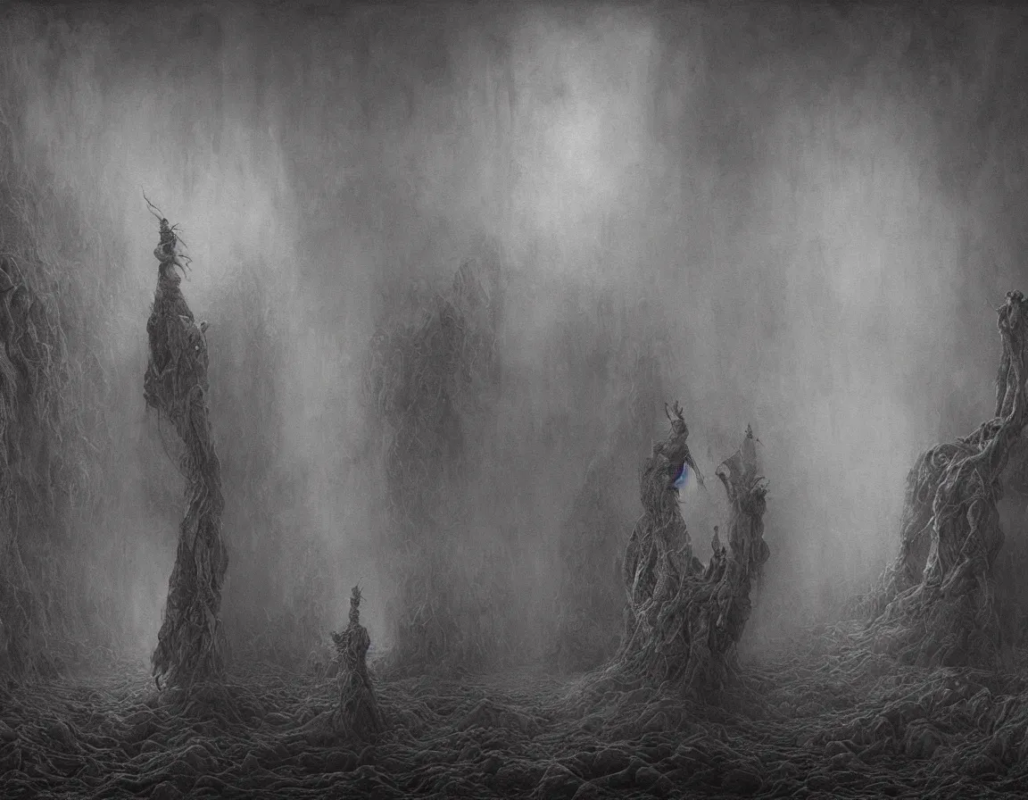 Image similar to a creepy painting of hell. by miles johnston, stephen gammell, gustave dore and zdzisław beksinski. volumetric light, detailed, rendered in octane